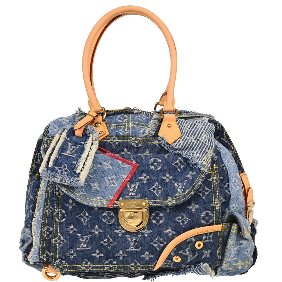 LOUIS VUITTON MONOGRAM DENIM PATCHWORK BOWLY SHOULDER BAG: Louis Vuitton Monogram Denim Patchwork Bowly Shoulder Bag Brand: Louis Vuitton Type: Shoulder Bag Material/Exterior Material: Monogram Denim, Leather Color/Exterior Color: Blue Size: W 15.4 x H 9.