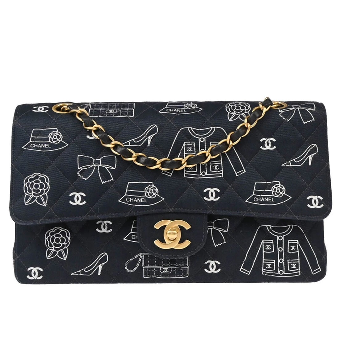 CHANEL NAVY CANVAS ICON CLASSIC DOUBLE FLAP SHOULDER BAG: Chanel Navy Canvas Icon Classic Double Flap Shoulder Bag Brand: CHANEL Type: Shoulder Bag Material/Exterior Material: Canvas Color/Exterior Color: Navy Size: W 9.8 x H 6.3 x D 2.4 " Strap