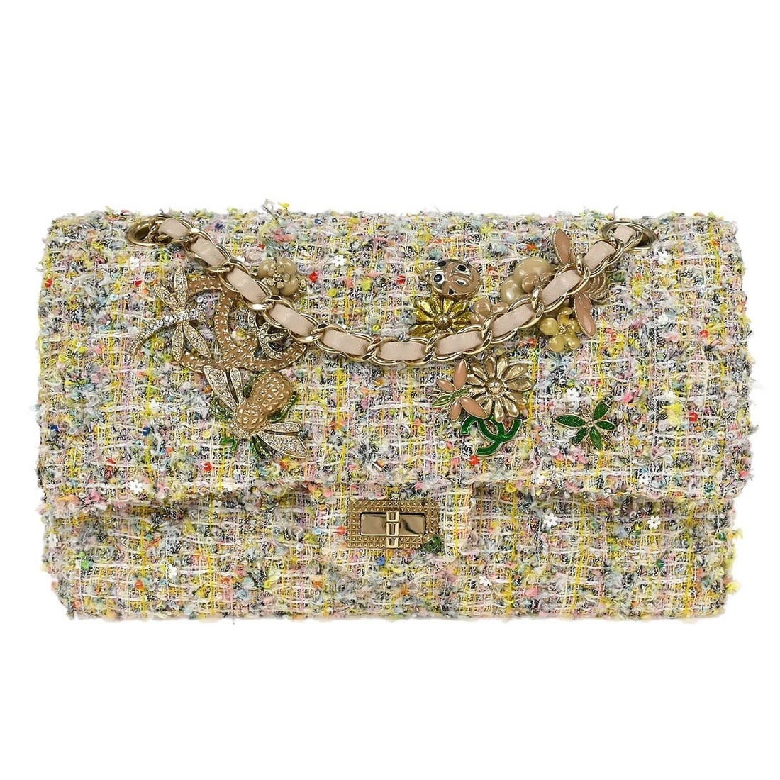 CHANEL WHITE TWEED GARDEN PARTY MEDIUM CLASSIC DOUBLE FLAP SHOULDER BAG: Chanel White Tweed Garden Party Medium Classic Double Flap Shoulder Bag Brand: CHANEL Type: Shoulder Bag Material/Exterior Material: Tweed, Sequins, Rhinestone, Artificial Pearl Color/Exterior Colo