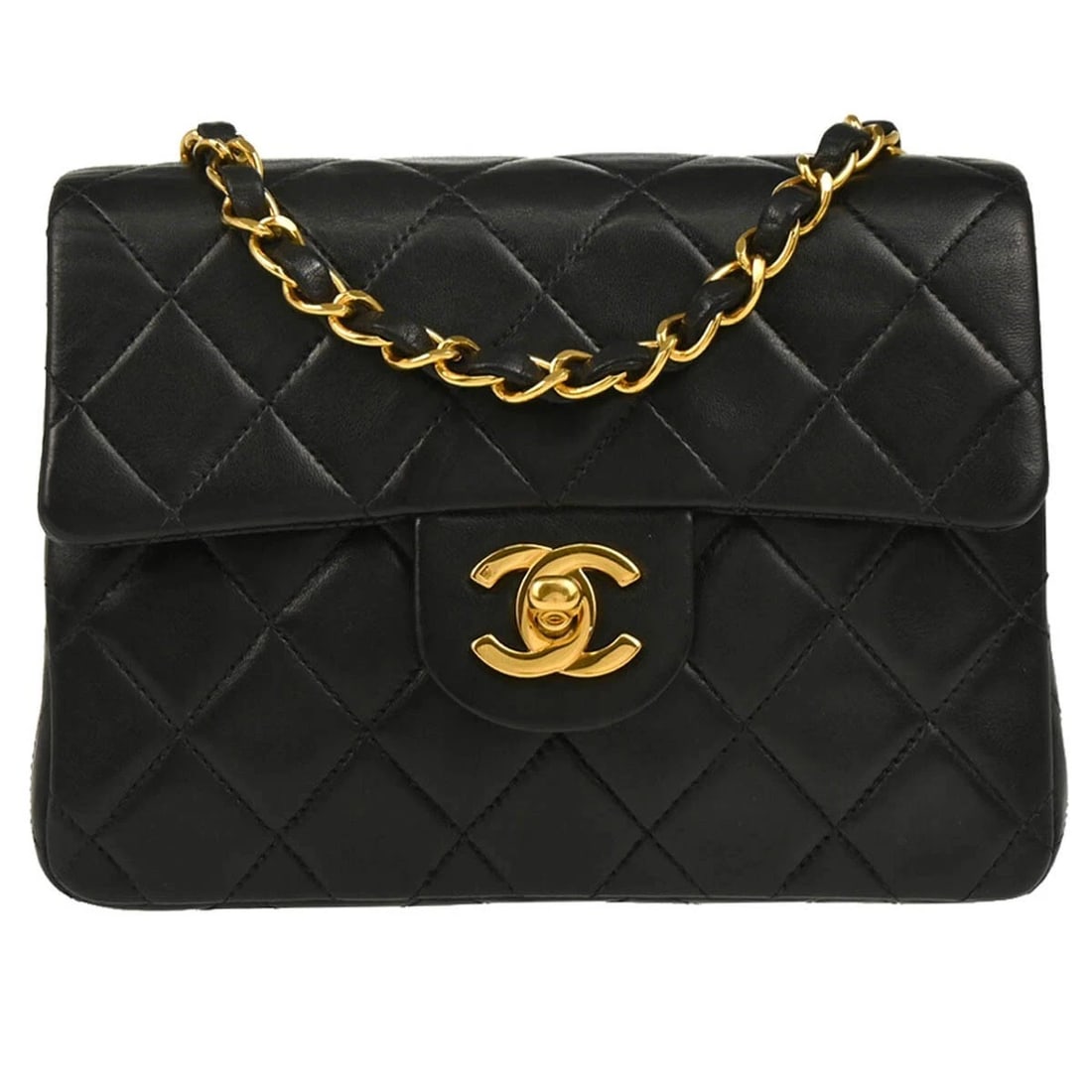 CHANEL BLACK LAMBSKIN MINI CLASSIC SQUARE FLAP SHOULDER BAG: Chanel Black Lambskin Mini Classic Square Flap Shoulder Bag Brand: CHANEL Type: Shoulder Bag Material/Exterior Material: Lambskin Leather Color/Exterior Color: Black Size: W 6.7 x H 5.1 x D 2.4 "