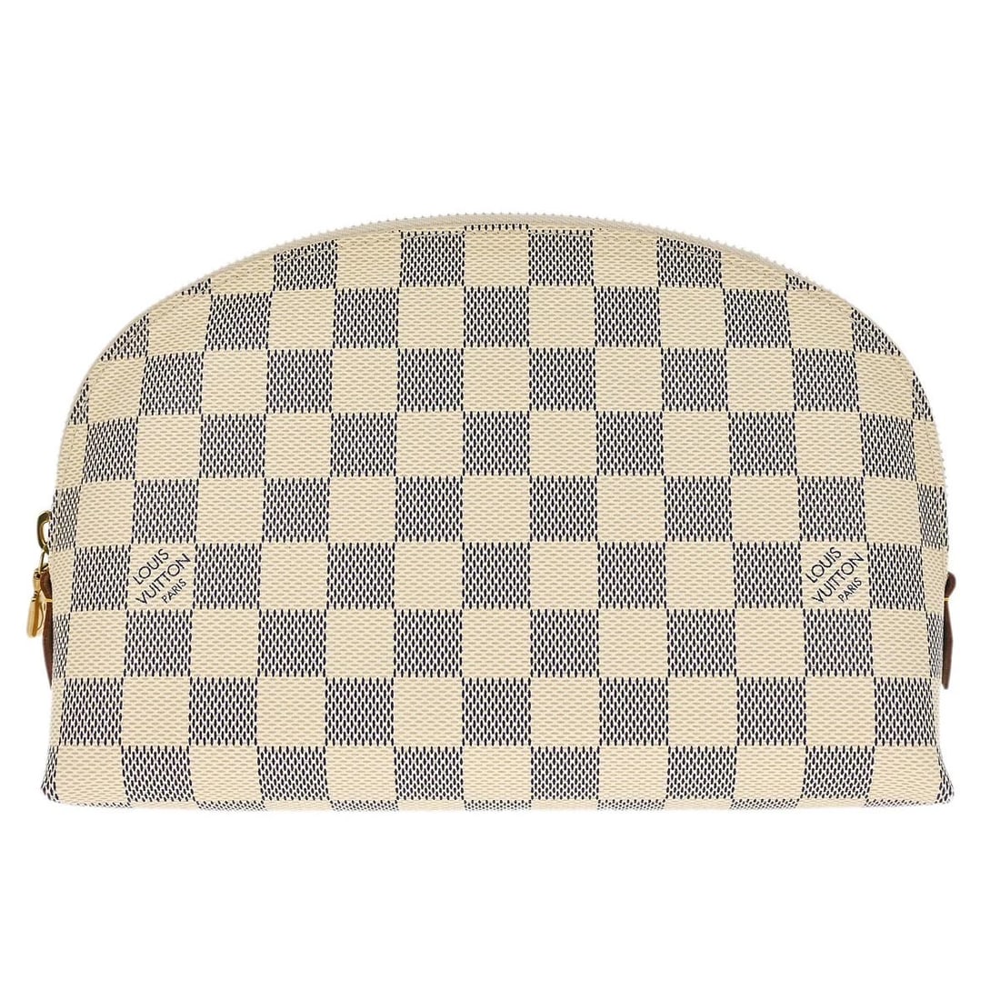 LOUIS VUITTON DAMIER AZUR POCHETTE COSMETIC GM: Louis Vuitton Damier Azur Pochette Cosmetic GM Brand: Louis Vuitton Type: Clutch Material/Exterior Material: Damier Azur Canvas, Leather Color/Exterior Color: White Size: W 8.9 x H 5.9 x D 2.2 "