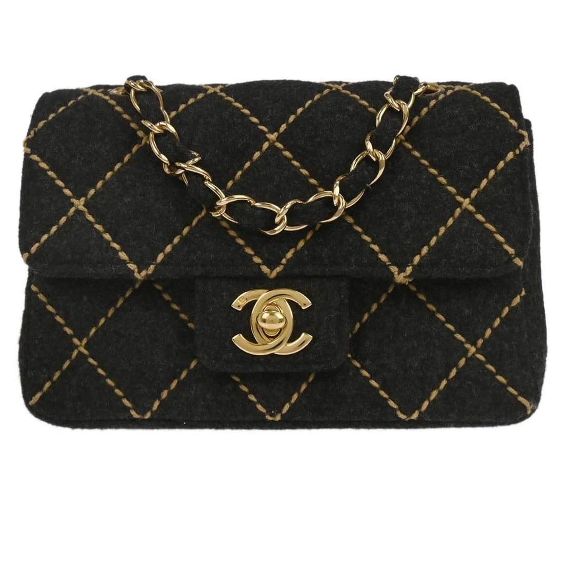 CHANEL GRAY WOOL WILD STITCH MINI CLASSIC SQUARE FLAP SHOULDER BAG: Chanel Gray Wool Wild Stitch Mini Classic Square Flap Shoulder Bag Brand: CHANEL Type: Shoulder Bag Material/Exterior Material: Wool Color/Exterior Color: Gray Size: W 6.7 x H 5.1 x D 2.4 " Strap