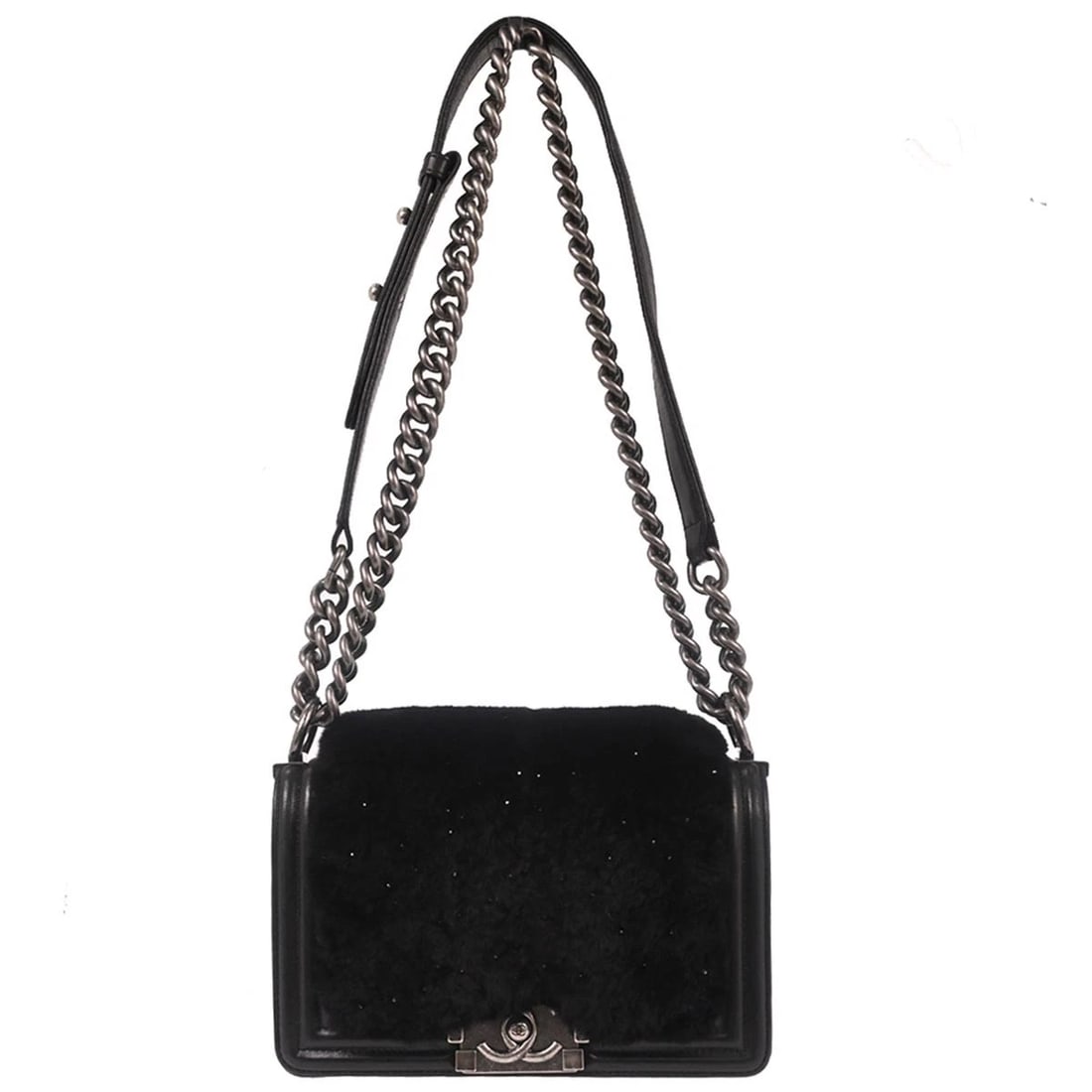 BOY CHANEL BLACK LAMBSKIN FUR SMALL CHAIN SHOULDER BAG (1 of 6)
