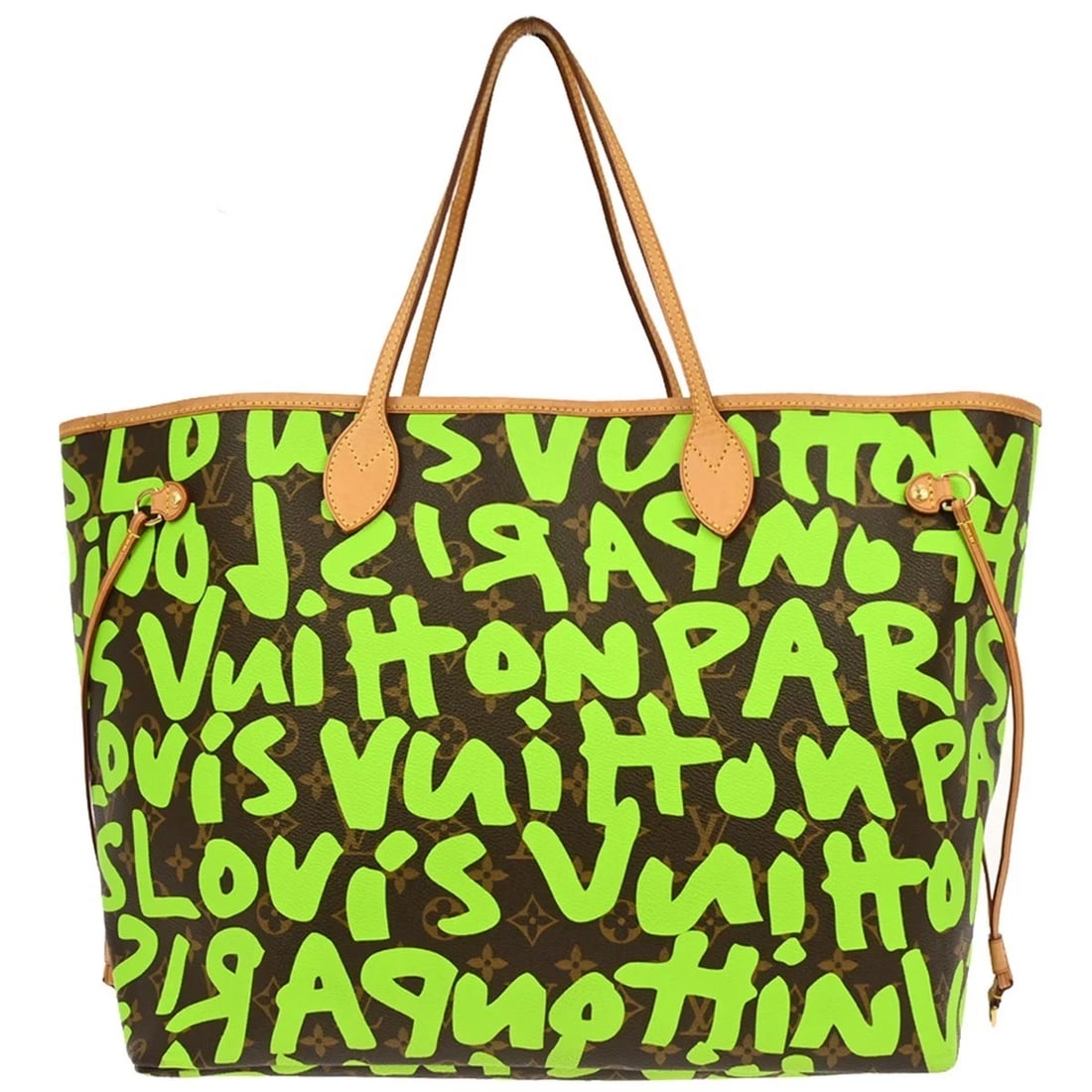 LOUIS VUITTON GREEN MONOGRAM GRAFFITI NEVERFULL GM TOTE BAG: Louis Vuitton Green Monogram Graffiti Neverfull GM Tote Bag Brand: Louis Vuitton Type: Tote Material/Exterior Material: Monogram Graffiti Canvas, Leather Color/Exterior Color: Vert * Green, Brown