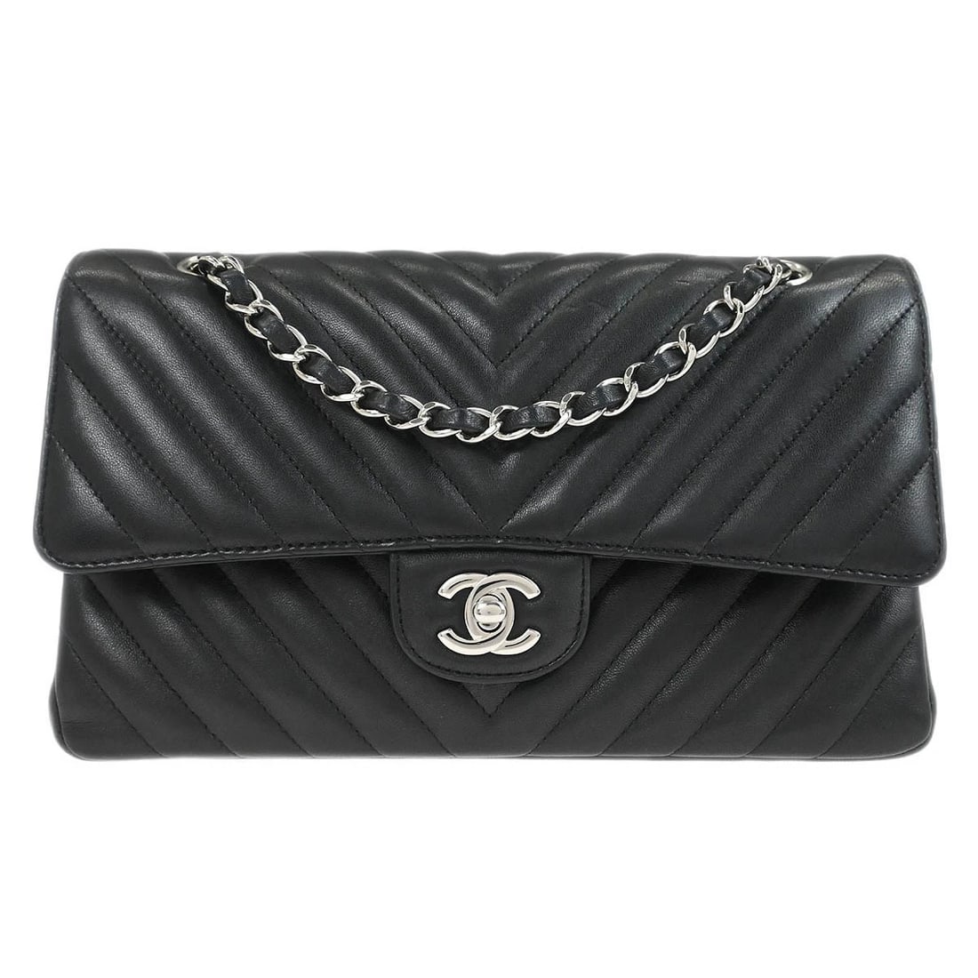 CHANEL BLACK LAMBSKIN CHEVRON CLASSIC DOUBLE FLAP SHOULDER BAG (1 of 7)