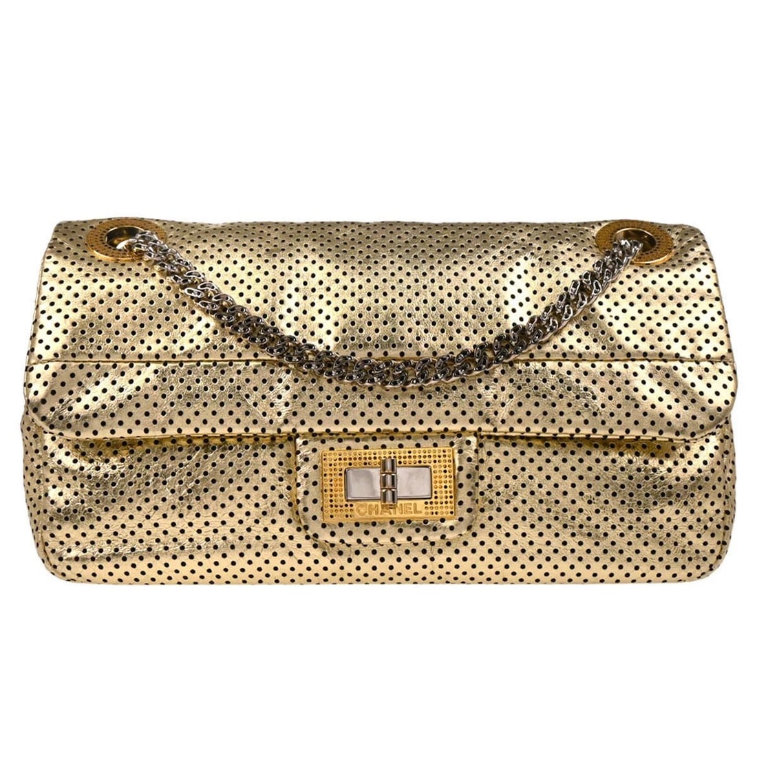 CHANEL GOLD PERFORATED LAMBSKIN MADEMOISELLE LOCK SHOULDER BAG (1 of 5)