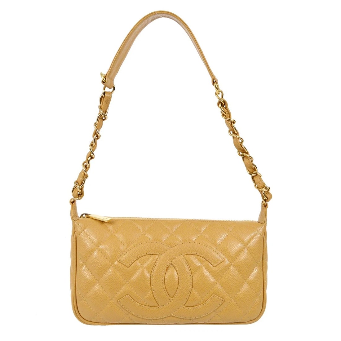 CHANEL BEIGE CALFSKIN CHAIN SHOULDER BAG: Chanel Beige Calfskin Chain Shoulder Bag Brand: CHANEL Type: Shoulder Bag Material/Exterior Material: Caviar skin Color/Exterior Color: Beige Size: W 9.8 x H 5.5 x D 2.0 " Handle Drop. 9.8 " Acce