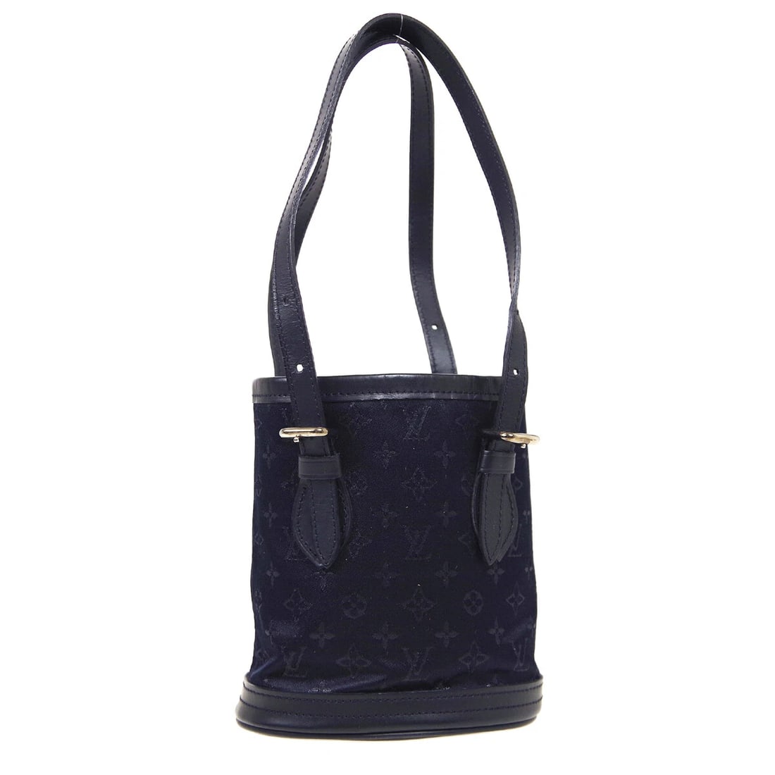 LOUIS VUITTON BLACK MONOGRAM SATIN LITTLE BUCKET HANDBAG: Louis Vuitton Black Monogram Satin Little Bucket Handbag Brand: LOUIS VUITTON Type: Hand Bag Material/Exterior Material: Monogram Satin, Leather Color/Exterior Color: Black Size: W 4.7 x H 5.1 x D