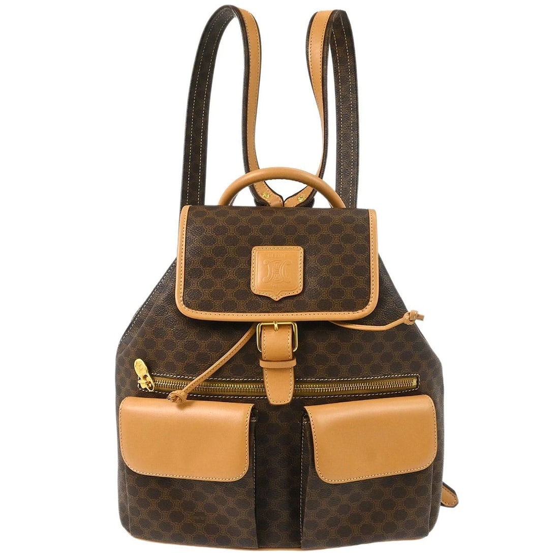 CELINE BROWN MACADAM BACKPACK: Celine Brown Macadam Backpack Brand: CELINE Type: Backpack Material/Exterior Material: PVC, Leather Color/Exterior Color: Brown Size: W 10.6 x H 12.2 x D 5.1 " Handle Drop. 1.6 " Accessories: Non