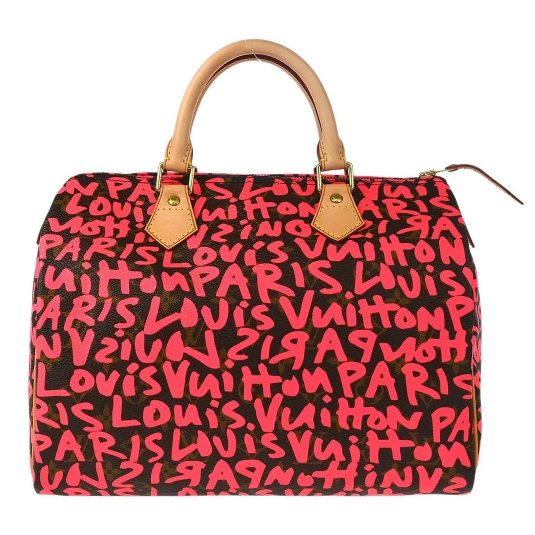 LOUIS VUITTON PINK MONOGRAM GRAFFITI SPEEDY 30 HANDBAG: Louis Vuitton Pink Monogram Graffiti Speedy 30 Handbag Brand: Louis Vuitton Type: Duffle Material/Exterior Material: Monogram Graffiti Canvas, Leather Color/Exterior Color: Fuchsia * Pink Size: W