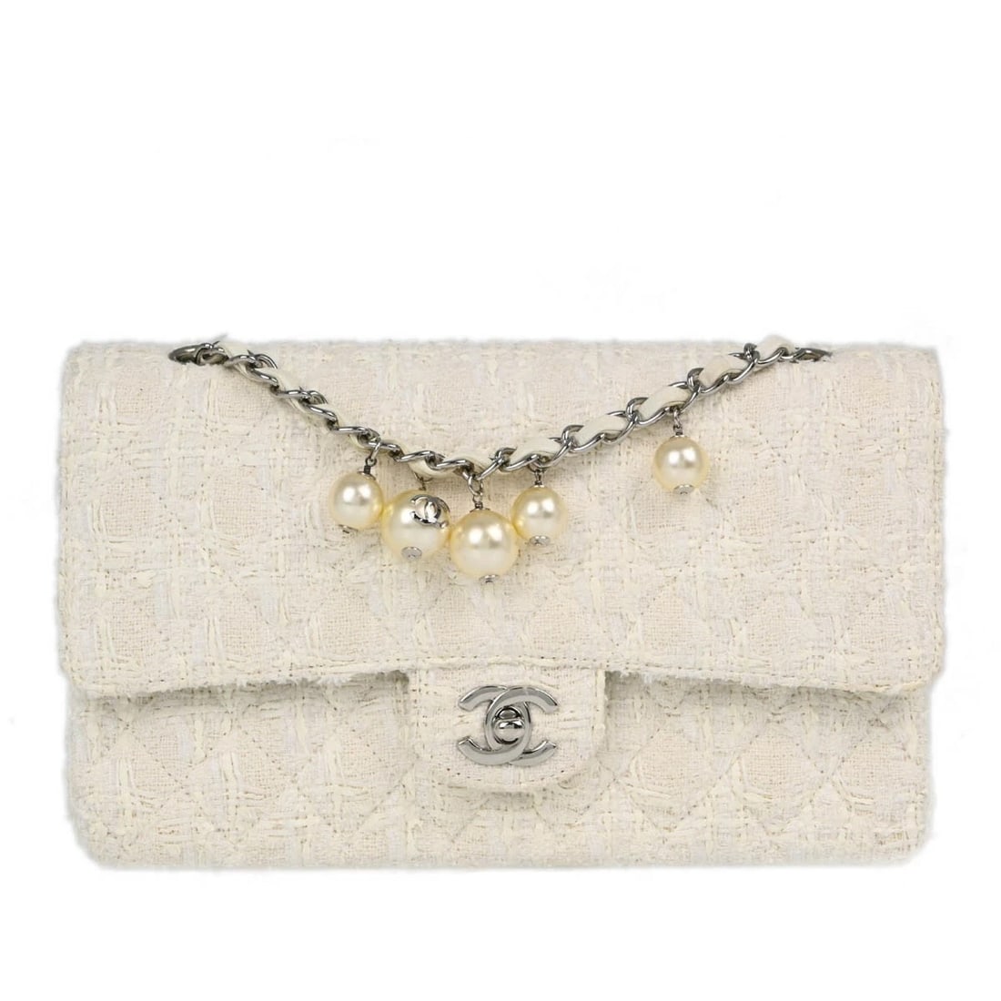 CHANEL WHITE TWEED MEDIUM CLASSIC DOUBLE FLAP SHOULDER BAG: Chanel White Tweed Medium Classic Double Flap Shoulder Bag Brand: CHANEL Type: Shoulder Bag Material/Exterior Material: Tweed Color/Exterior Color: White Size: W 9.8 x H 6.3 x D 2.4 " Strap Drop.(