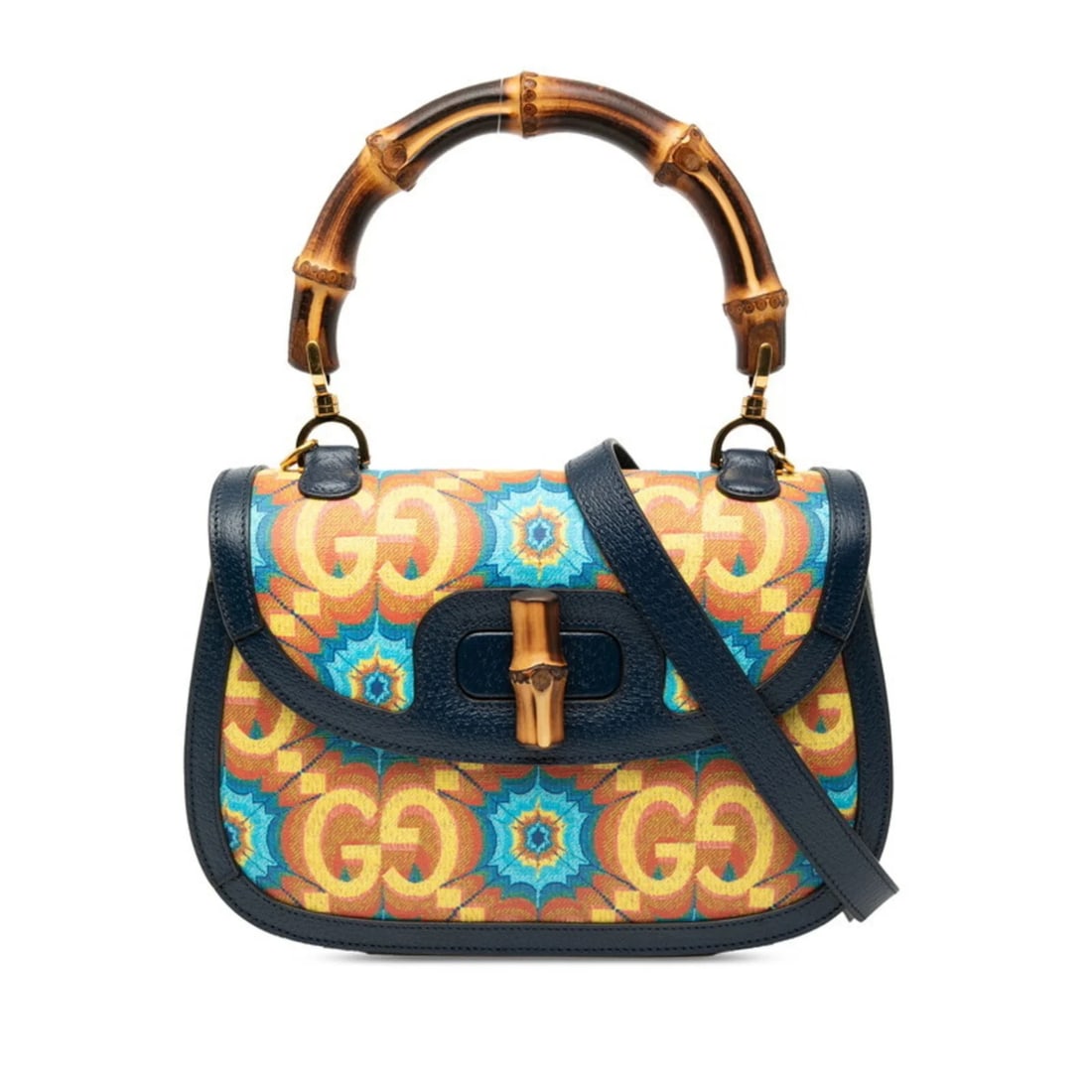 GUCCI BAMBOO HANDBAG/SHOULDER BAG 2WAY: Gucci Bamboo Handbag/Shoulder Bag 2WAY Brand: Gucci Type/Style: Handbag, Shoulder bag Material: PVC , Leather Color: Multi-color, Navy Size: Size (HxWxD) 18.5cm x 26.5cm x 8.5cm / 7.28'' x 10.43''