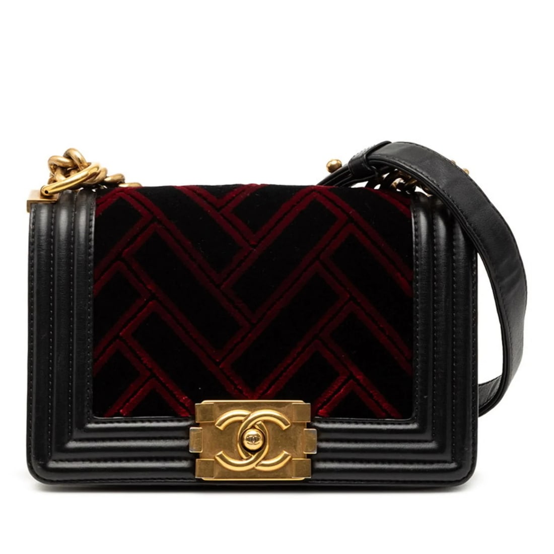 CHANEL BOY CHANEL COCO MARK CHAIN SHOULDER BAG: CHANEL Boy Chanel Coco Mark Chain Shoulder Bag Brand: Chanel Type/Style: Shoulder bag Material: Leather Color: Black, Red color Size: Size (HxWxD) 13cm x 20cm x 7cm / 5.11'' x 7.87'' x 2.75'' Acc
