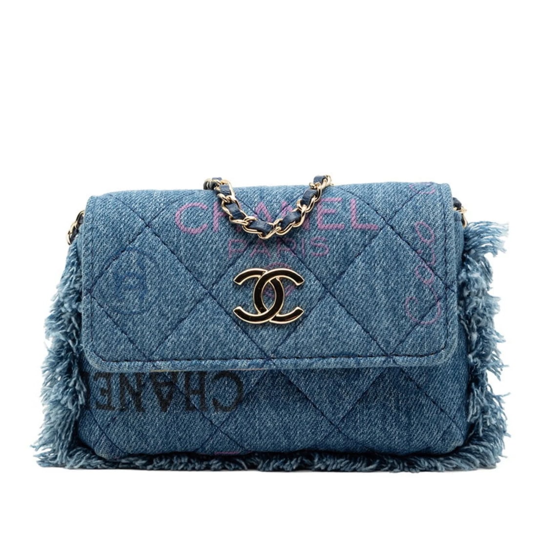 CHANEL MATELASSE COCO MARK FRINGE SHOULDER BAG: CHANEL Matelasse Coco Mark Fringe Shoulder Bag Brand: Chanel Type/Style: Shoulder bag Material: Denim Color: Blue, Multi-color Size: Size (HxWxD) 10cm x 14cm x 2.5cm / 3.93'' x 5.51'' x 0.98'' Ac