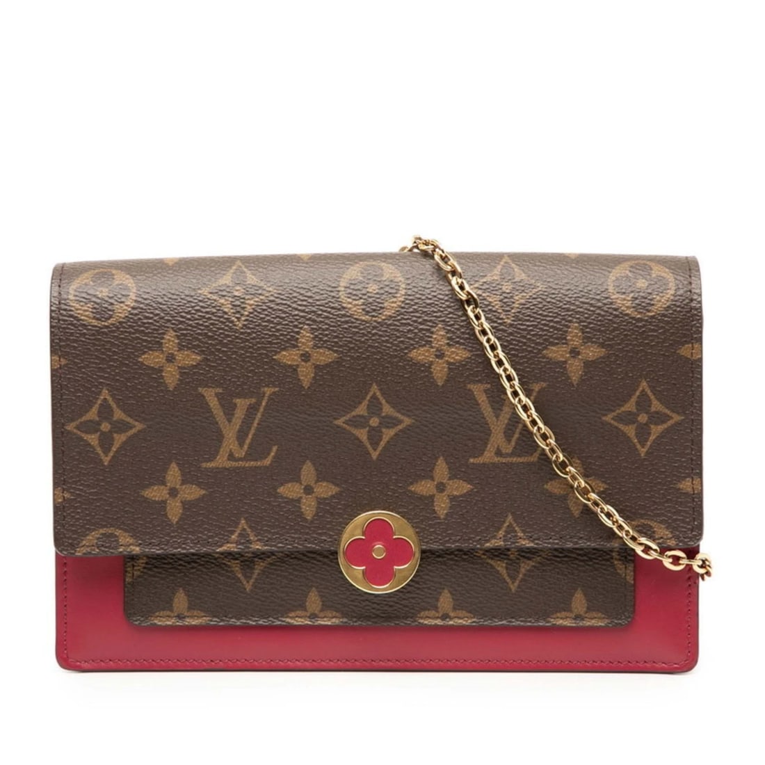 LOUIS VUITTON MONOGRAM PORTEFEUILLE FLORE CHAIN SHOULDER BAG: Louis Vuitton Monogram Portefeuille Flore Chain Shoulder Bag Brand: Louis Vuitton Type/Style: Shoulder bag Material: PVC , Leather Color: Brown, Fuchsia Size: Size (HxWxD) 12.5cm x 19.5cm x 5cm /
