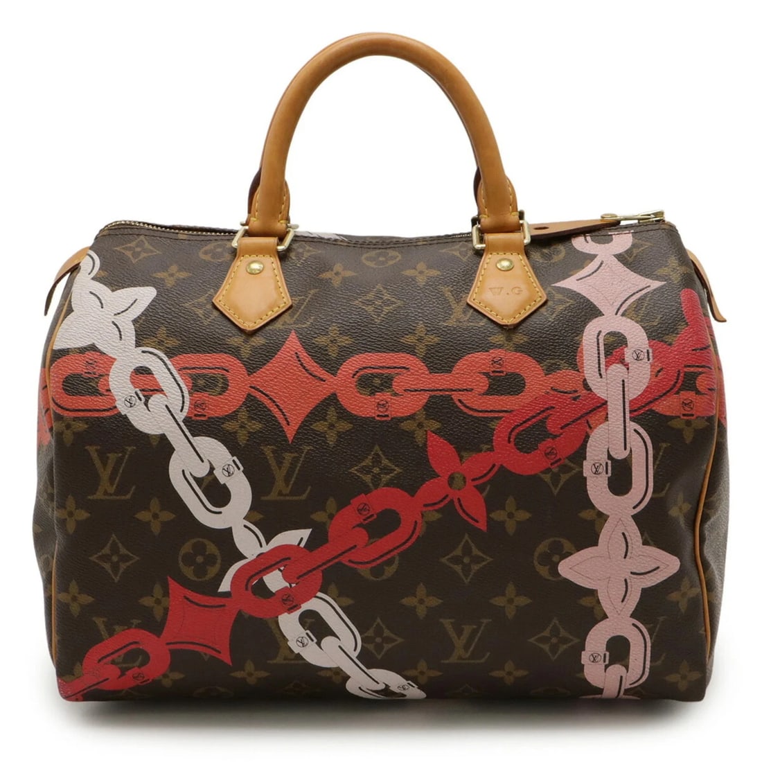 LOUIS VUITTON MONOGRAM BAY SPEEDY 30 CHAIN PRINT HANDBAG: LOUIS VUITTON Monogram Bay Speedy 30 Chain Print Handbag Brand: Louis Vuitton Type/Style: Handbag Material: Monogram Color: Brown, Pink Size: Size (HxWxD) 21.5cm x 30.5cm x 17.5cm / 8.46'' x 12''