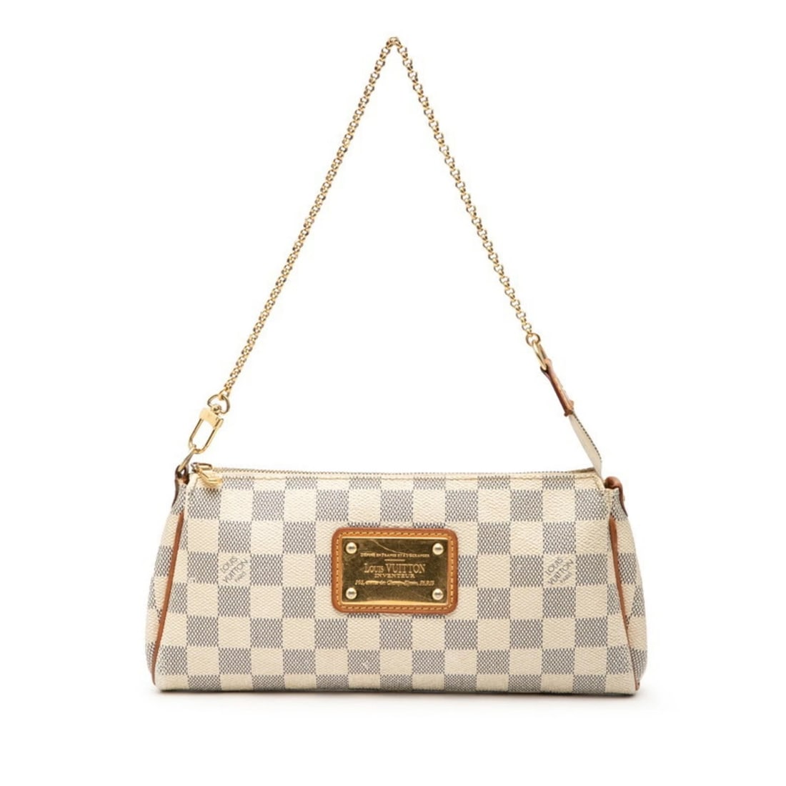 LOUIS VUITTON DAMIER AZUR EVA CHAIN SHOULDER BAG: Louis Vuitton Damier Azur Eva Chain Shoulder Bag Brand: Louis Vuitton Type/Style: Shoulder bag Material: PVC , Leather Color: White Size: Size (HxWxD) 13cm x 24.5cm x 3.5cm / 5.11'' x 9.64'' x 1.3