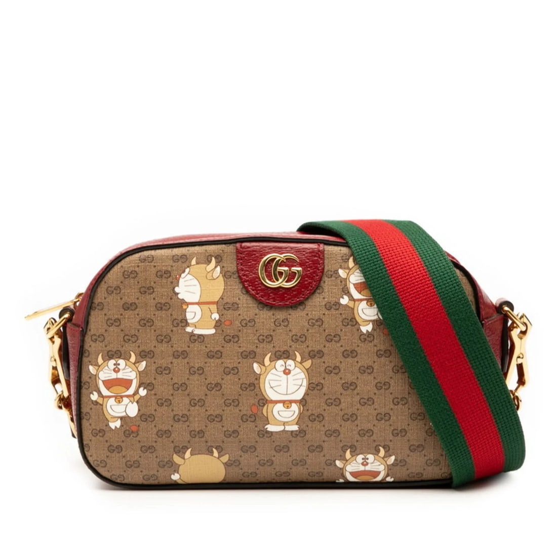 GUCCI X DORAEMON MINI GG SUPREME USHIDORA CHAIN SHOULDER BAG: Gucci x Doraemon Mini GG Supreme Ushidora Chain Shoulder Bag Brand: Gucci Type/Style: Shoulder bag Material: PVC , Leather Color: Brown, Red color Size: Size (HxWxD) 15cm x 23.5cm x 7cm / 5.9'' x