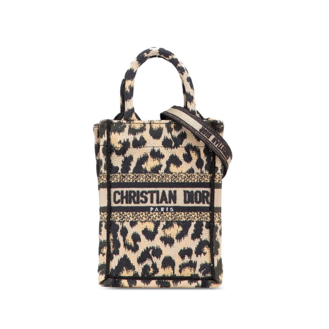 CHRISTIAN DIOR DIOR BOOK TOTE MINI LEOPARD PRINT PHONE BAG: Christian Dior Dior Book Tote Mini Leopard Print Phone Bag Brand: Christian Dior Type/Style: Shoulder bag, Tote bag Material: Canvas Color: Beige, Black Size: Size (HxWxD) 17.8cm x 13cm x 4.5cm /