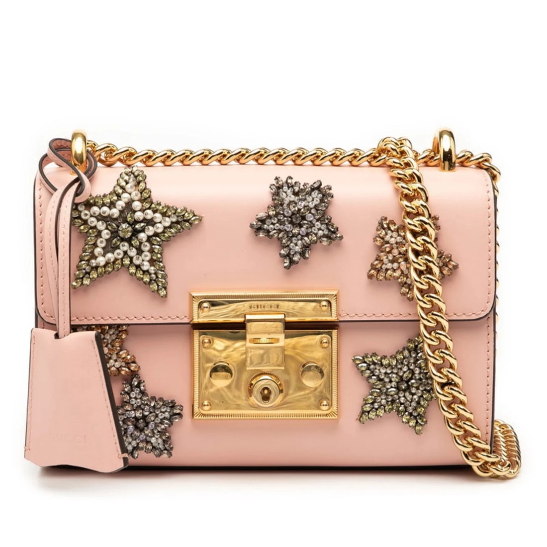 GUCCI PADLOCK STAR JEWELED CHAIN SHOULDER BAG: Gucci Padlock Star Jeweled Chain Shoulder Bag Brand: Gucci Type/Style: Shoulder bag Material: Leather Color: Pink Size: Size (HxWxD) 13cm x 20cm x 8cm / 5.11'' x 7.87'' x 3.14'' Accessories: