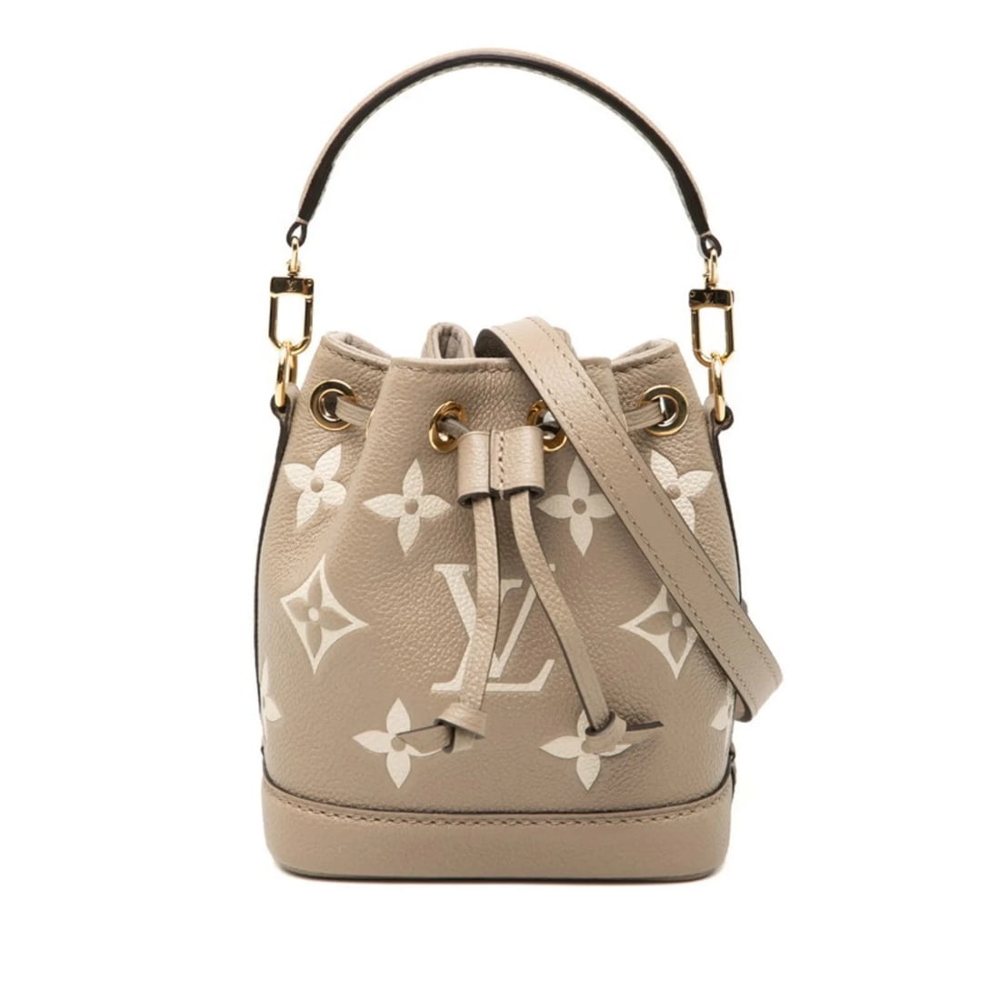 LOUIS VUITTON MONOGRAM EMPREINTE NANO NOE HANDBAG: Louis Vuitton Monogram Empreinte Nano Noe Handbag Brand: Louis Vuitton Type/Style: Handbag, Shoulder bag Material: Leather Color: Beige Size: Size (HxWxD) 14.5cm x 13cm x 10cm / 5.7'' x 5.11'' x 3