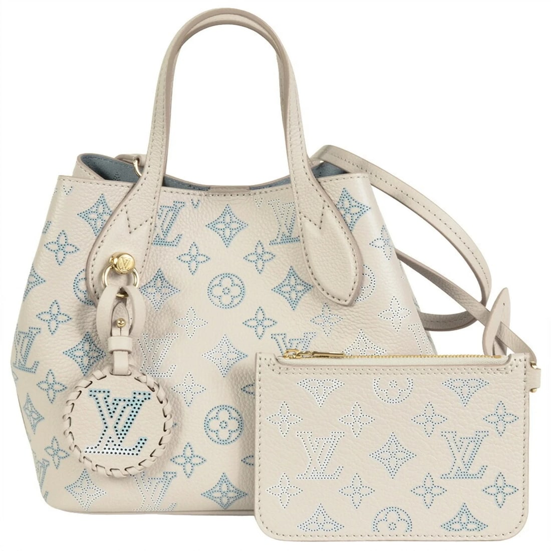 LOUIS VUITTON BLOSSOM PM MONOGRAM MAHINA HANDBAG: Louis Vuitton Blossom PM Monogram Mahina Handbag Brand: Louis Vuitton Type/Style: Handbag Material: Monogram , Mahina leather Color: Beige, Ivory Size: Size (HxWxD) 20cm x 21cm x 13cm / 7.87''