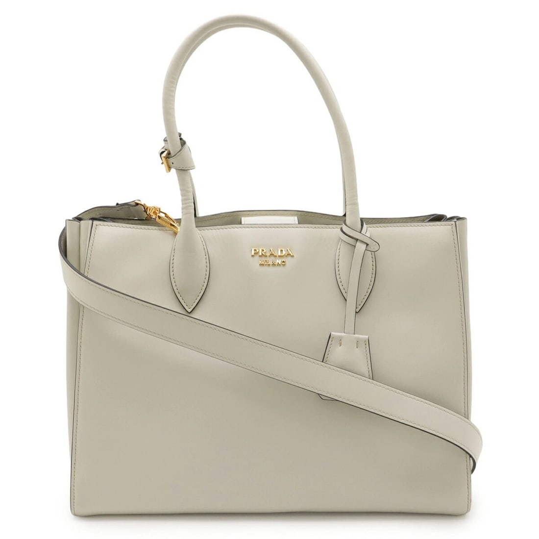 PRADA BIBLIOTHÈQUE TOTE/SHOULDER BAG: PRADA Bibliothèque Tote/Shoulder Bag Brand: Prada Type/Style: Shoulder bag, Tote bag Material: Leather Color: Grayish, Off-white, Talco Size: Size (HxWxD) 24.5cm x 33cm x 14.5cm / 9.64'' x 12.99'