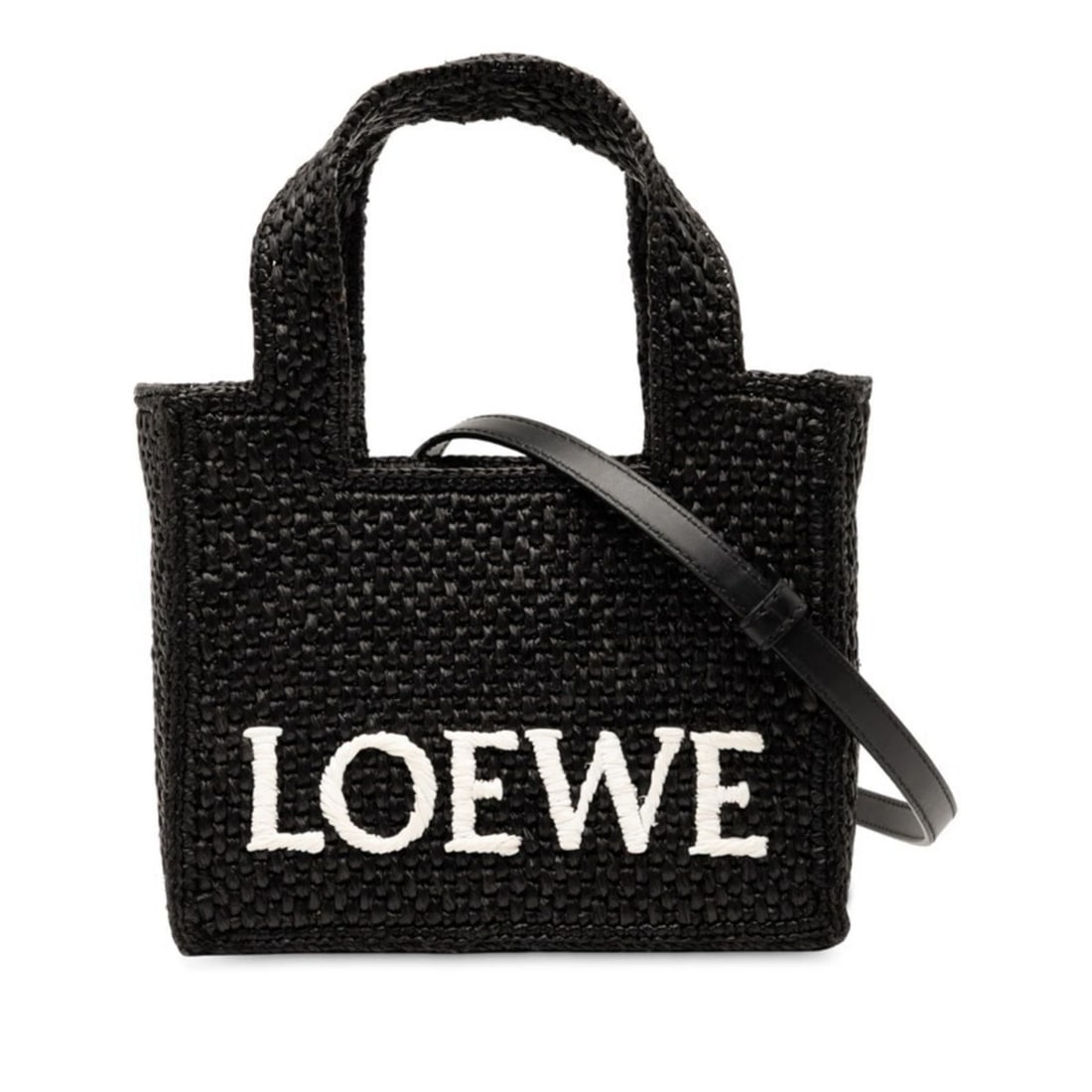 LOEWE FONT TOTE MINI BAG/SHOULDER BAG: LOEWE Font Tote Mini Bag/Shoulder Bag Brand: Loewe Type/Style: Shoulder bag, Tote bag Material: Raffia , Leather Color: Black Size: Size (HxWxD) 16.5cm x 19cm x 7cm / 6.49'' x 7.48'' x 2.75'' Acc