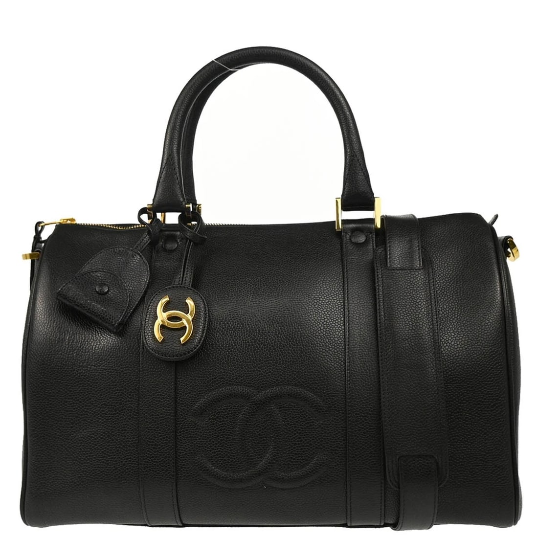 CHANEL BLACK CALFSKIN 2WAY HANDBAG: Chanel Black Calfskin 2way Handbag Brand: CHANEL Type/Style: Duffle Material: Caviar Skin Leather Color: Black Size: W 14.2 x H 9.1 x D 6.7 " Handle Drop. 5.1 Accessories: None Accessories