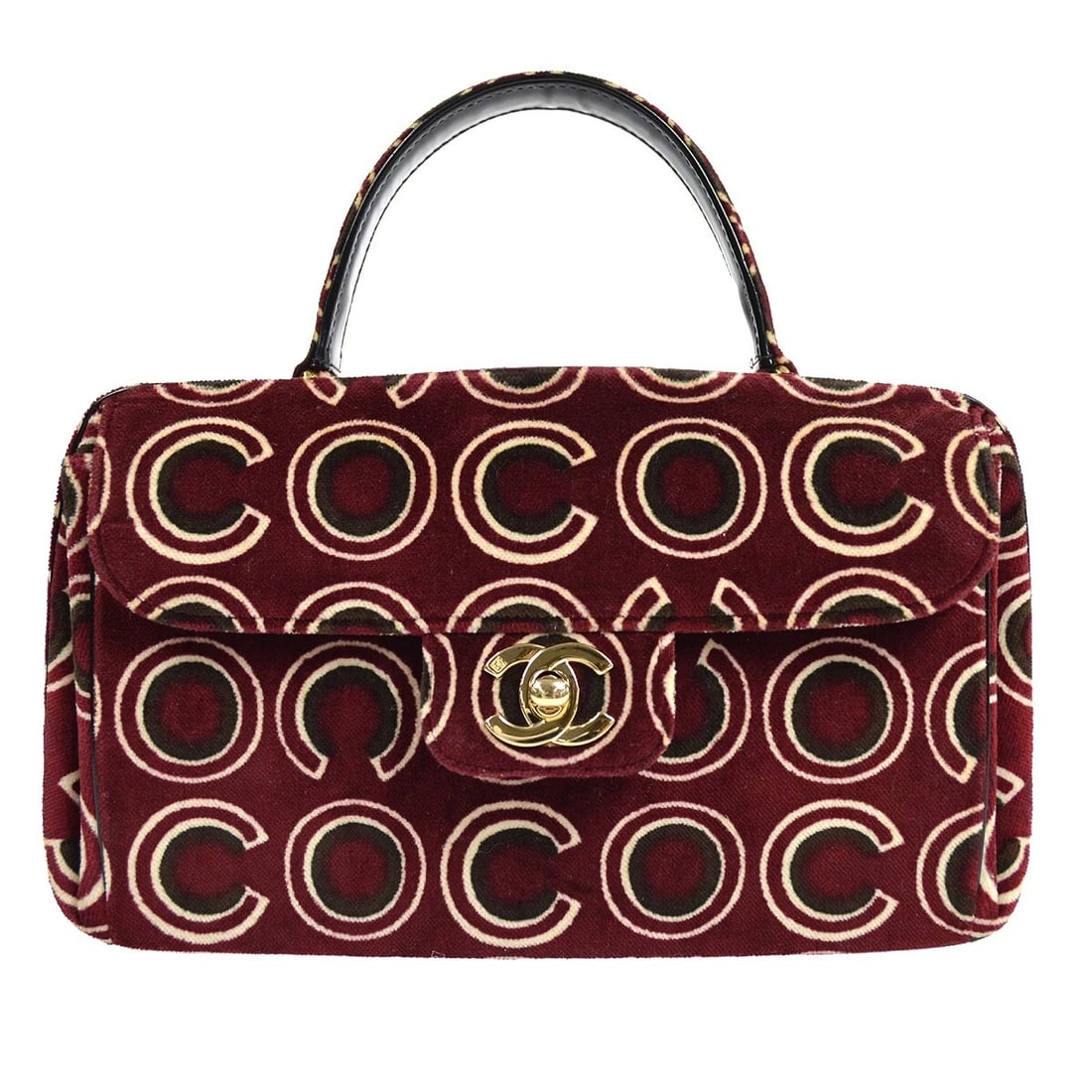 CHANEL BORDEAUX VELVET COCO TOP HANDLE HANDBAG: Chanel Bordeaux Velvet COCO Top Handle Handbag Brand: CHANEL Type/Style: Hand Bag Material: Velvet Color: Bordeaux, Brown, White Size: W 9.6 x H 5.5 x D 2.4 " Handle Drop. 3.1 " Accessories: