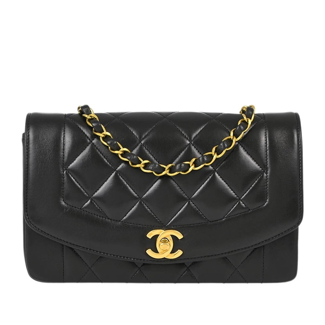CHANEL BLACK LAMBSKIN SMALL DIANA SHOULDER BAG: Chanel Black Lambskin Small Diana Shoulder Bag Brand: CHANEL Type/Style: Shoulder Bag Material: Lambskin Leather Color: Black Size: W 8.7 x H 5.5 x D 2.8 " Strap Drop. 20.5 " Accessories: