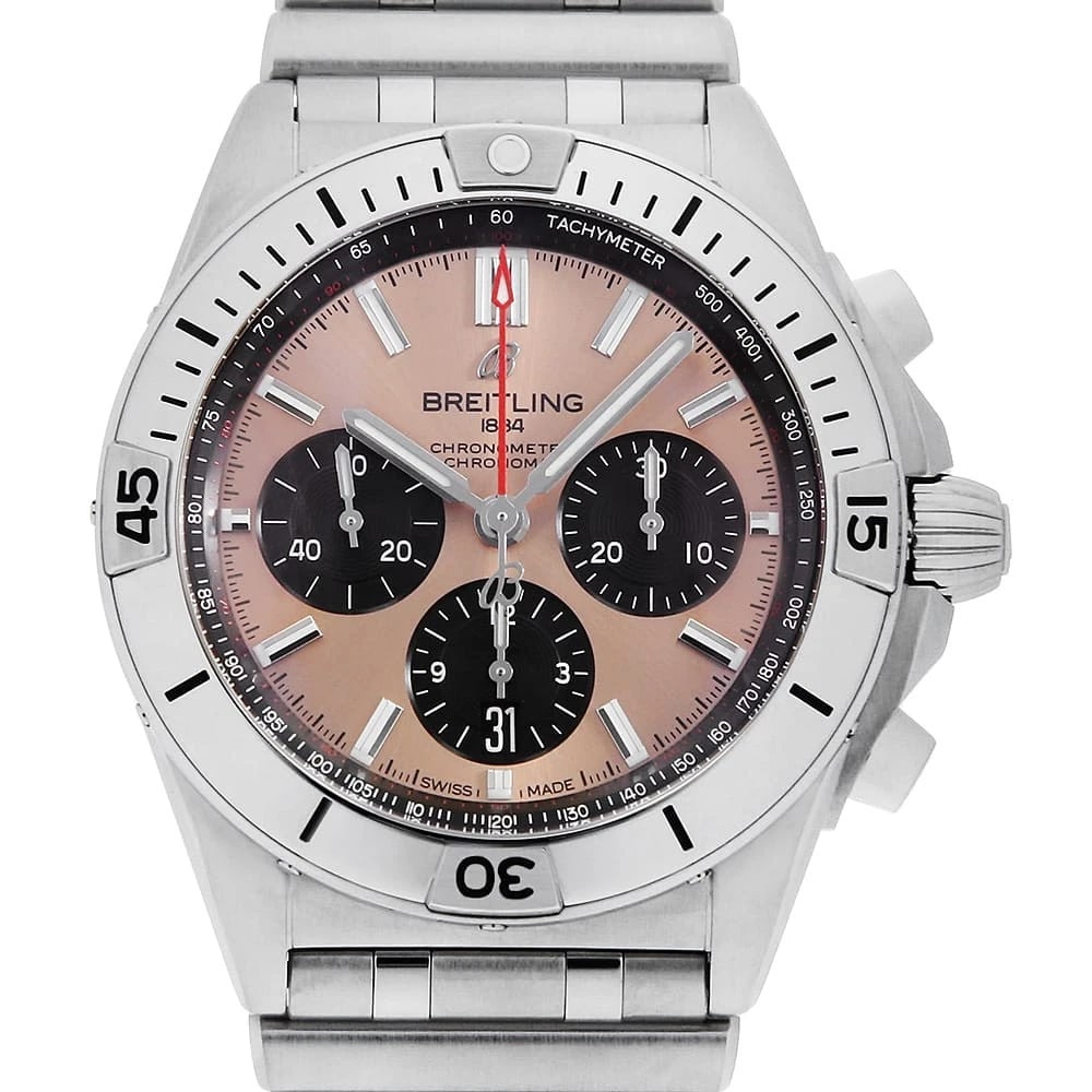 BREITLING CHRONOMAT WRIST WATCH: BREITLING Chronomat Wrist Watch Brand: BREITLING Type: Wrist watch Material: Band Material Stainless Steel, Case Material Stainless Steel Color: Pink Size: Case:W42mm Circumference of