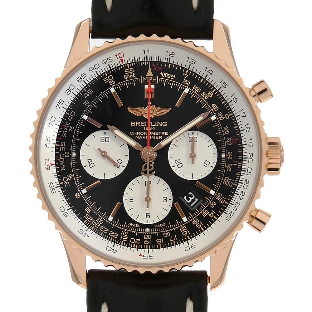 BREITLING NAVI TIMER WRIST WATCH: BREITLING Navi timer Wrist Watch Brand: BREITLING Type: Wrist watch Material: Band Material Calfskin, Case Material Red Gold Color: Black Size: Case:W43mm Accessories: None Accessories Not
