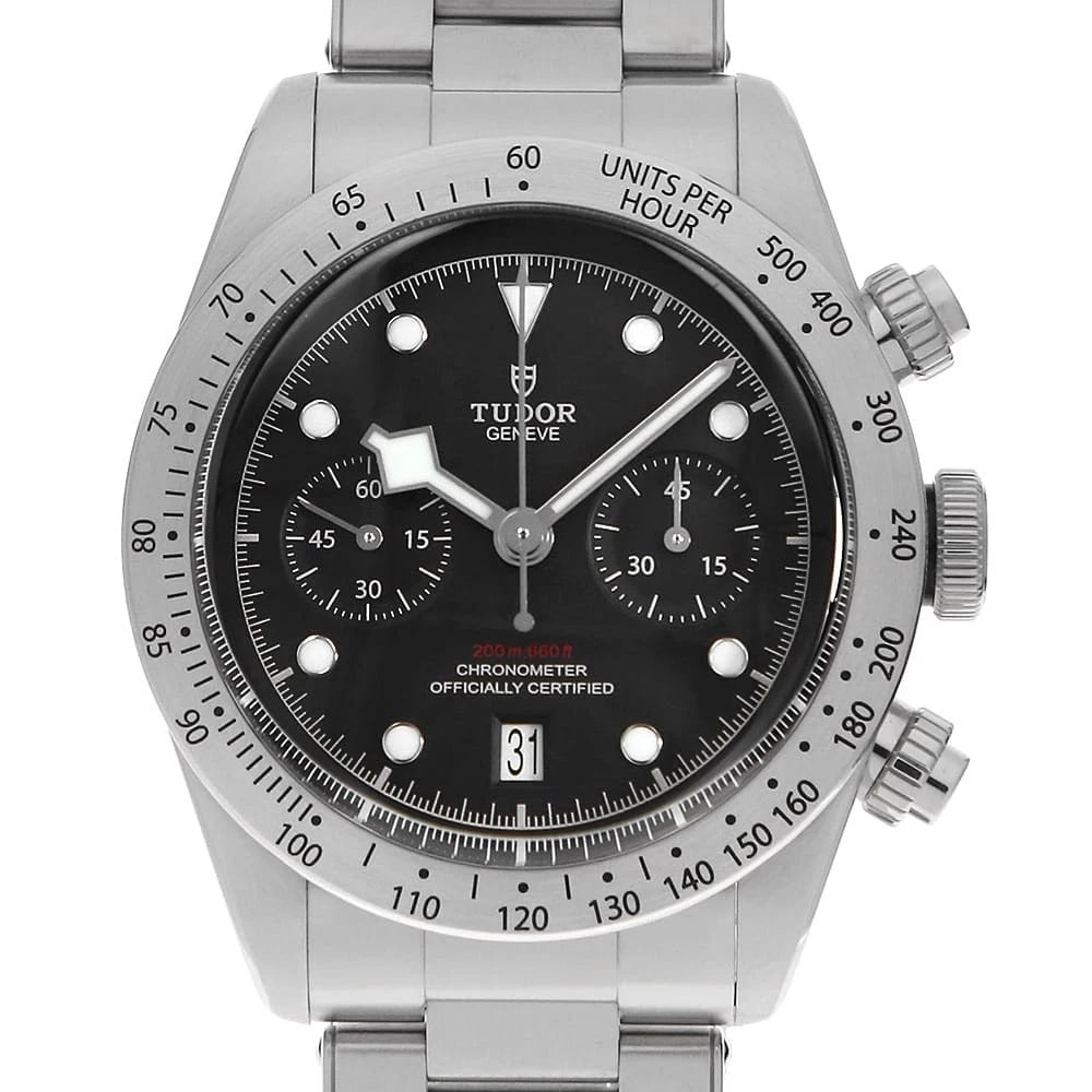 TUDOR HERITAGE BLACK CHRONOGRAPH WRIST WATCH: TUDOR Heritage Black Chronograph Wrist Watch Brand: TUDOR Type: Wrist watch Material: Band Material Stainless Steel, Case Material Stainless Steel Color: Black Size: Case:W41mm Circumference