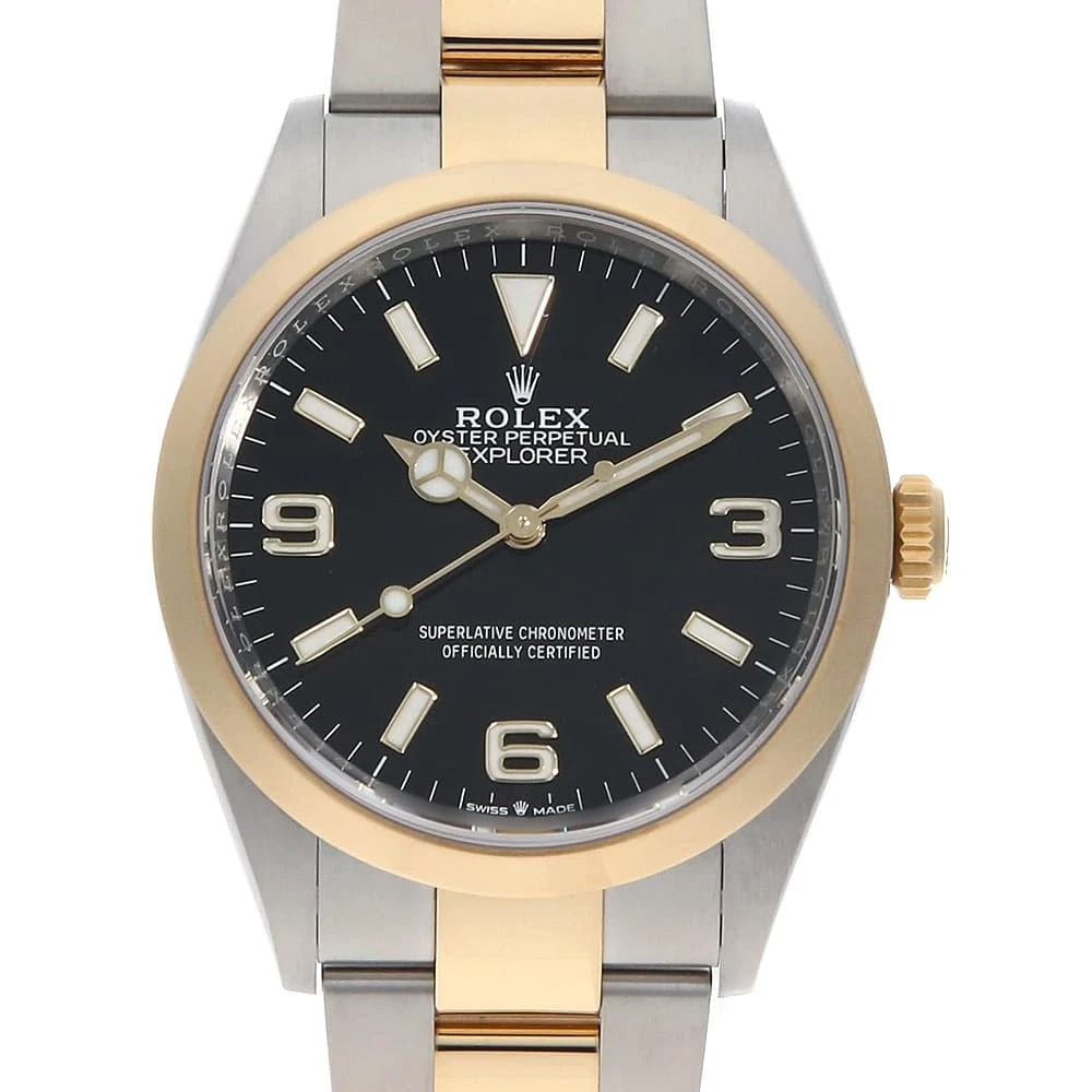 ROLEX EXPLORER BLACK WRIST WATCH: ROLEX Explorer black Wrist Watch Brand: ROLEX Type: Wrist watch Material: Band Material Stainless Steel/Yellow Gold, Case Material Stainless Steel Color: Black Size: Case:W36mm Circumference of Wr