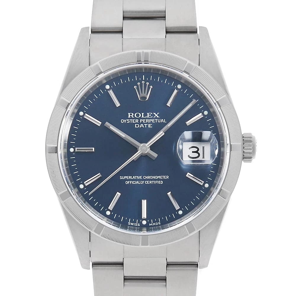 ROLEX OYSTER PERPETUAL DATE BLUE WRIST WATCH: ROLEX Oyster Perpetual Date blue Wrist Watch Brand: ROLEX Type: Wrist watch Material: Band Material Stainless Steel, Case Material Stainless Steel Color: Blue Size: Case:W34mm Circumference of Wri