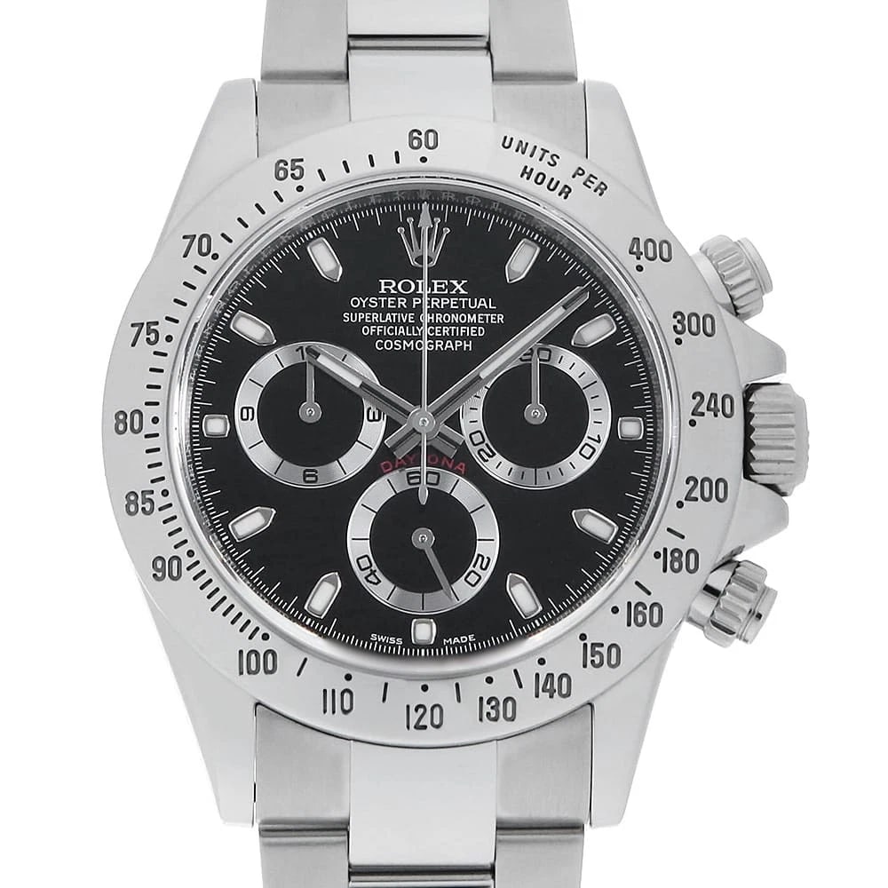 ROLEX COSMOGRAPH DAYTONA BLACK WRIST WATCH: ROLEX Cosmograph Daytona black Wrist Watch Brand: ROLEX Type: Wrist watch Material: Band Material Stainless Steel, Case Material Stainless Steel Color: Black Size: Case:W40mm Circumference of Wris