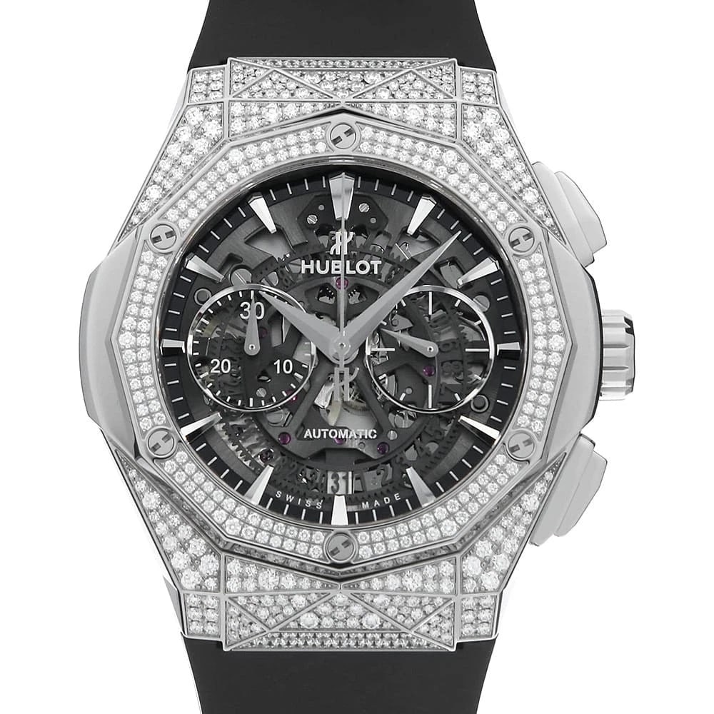 HUBLOT AEROFUSION CHRONOGRAPH ORLINSKI TITANIUM PAV WRIST WATCH: HUBLOT Aerofusion Chronograph Orlinski Titanium Pav Wrist Watch Brand: HUBLOT Type: Wrist watch Material: Band Material rubber, Case Material Titanium Color: Skeleton Size: Case:W45mm Accessories