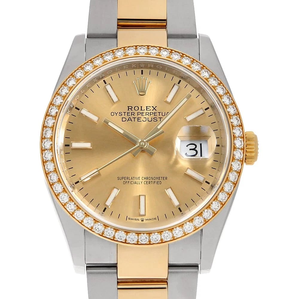 ROLEX DATEJUST 36 BEZEL DIAMOND CHAMPAGNE BRACELET WRIST WATCH: ROLEX Datejust 36 Bezel Diamond Champagne bracelet Wrist Watch Brand: ROLEX Type: Wrist watch Material: Band Material Stainless Steel/Yellow Gold, Case Material Stainless Steel/Yellow Gold Color: C