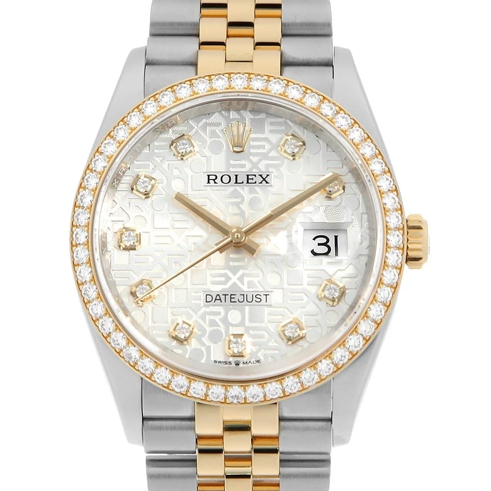 ROLEX DATEJUST 36 BEZEL DIAMOND 10P DIAMOND WRIST WATCH: ROLEX Datejust 36 Bezel Diamond 10P Diamond Wrist Watch Brand: ROLEX Type: Wrist watch Material: Band Material Stainless Steel/Yellow Gold, Case Material Stainless Steel/Yellow Gold Color: Silver