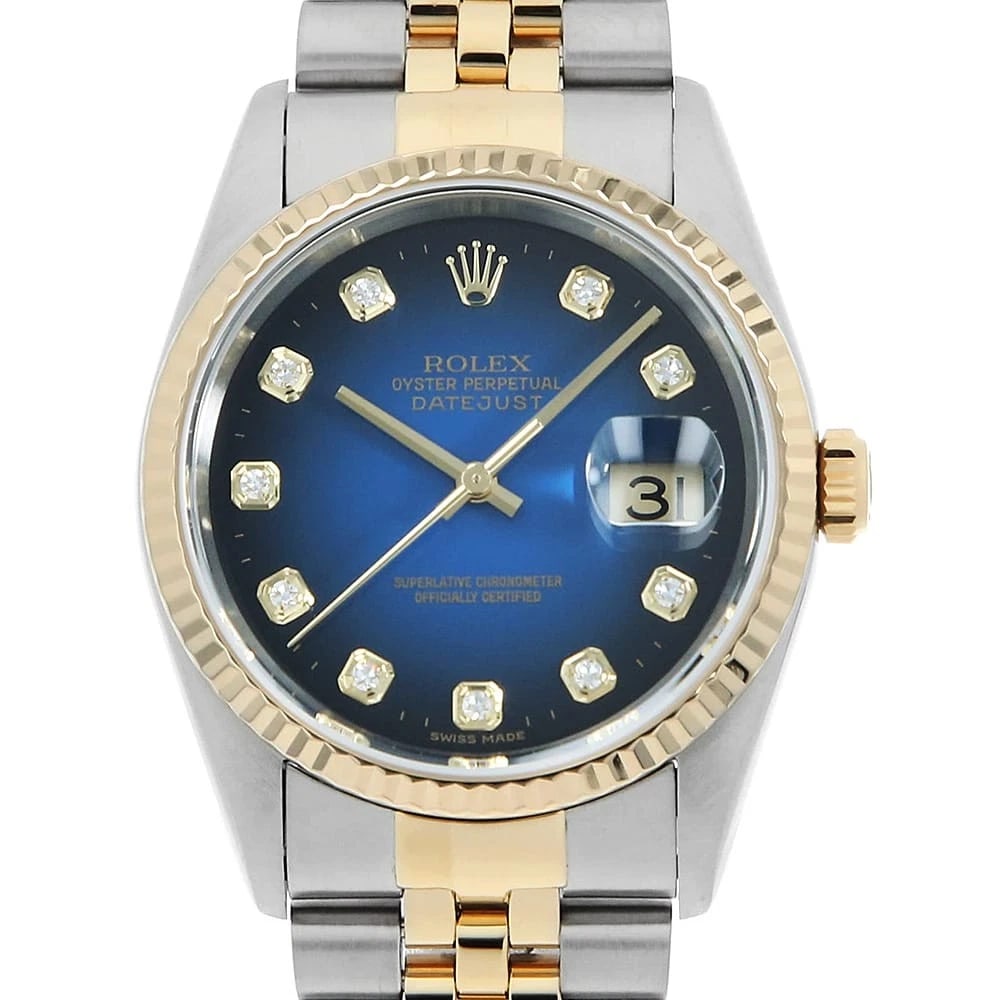ROLEX DATEJUST 10P DIAMOND BLUE GRADATION WRIST WATCH: ROLEX Datejust 10P Diamond blue Gradation Wrist Watch Brand: ROLEX Type: Wrist watch Material: Band Material Stainless Steel/Yellow Gold, Case Material Stainless Steel/Yellow Gold Color: Blue Size