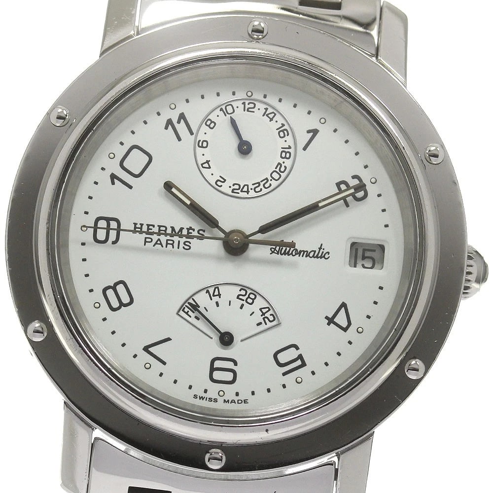 HERMES CLIPPER POWER RESERVE WHITE DIAL AUTOMATIC WATCH WRIST WATCH: HERMES Clipper Power reserve white Dial Automatic Watch Wrist Watch Brand: HERMES Type: Wristwatch Material: Band Material Stainless Steel, Case Material Stainless Steel Color: Band Color Silver, C