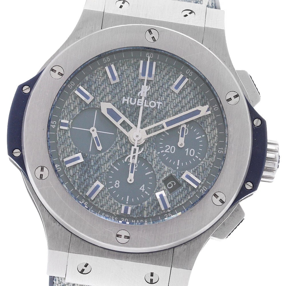 HUBLOT BANG JEANS CHRONOGRAPH AUTOMATIC WATCH WRIST WATCH: HUBLOT Bang jeans Chronograph Automatic Watch Wrist Watch Brand: HUBLOT Type: Wristwatch Material: Band Material Rubber / denim, Case Material Stainless Steel Color: Band Color Blue / navy, Case Co