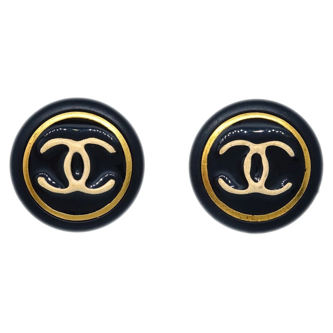 CHANEL BUTTON EARRINGS CLIP-ON BLACK GOLD: Chanel Button Earrings Clip-On Black Gold Brand: CHANEL Type/Style: Earrings Material: Gold-plated, Color: Black, Gold Size: Diameter : 1.8 cm Accessories: None Accessories Notice: When