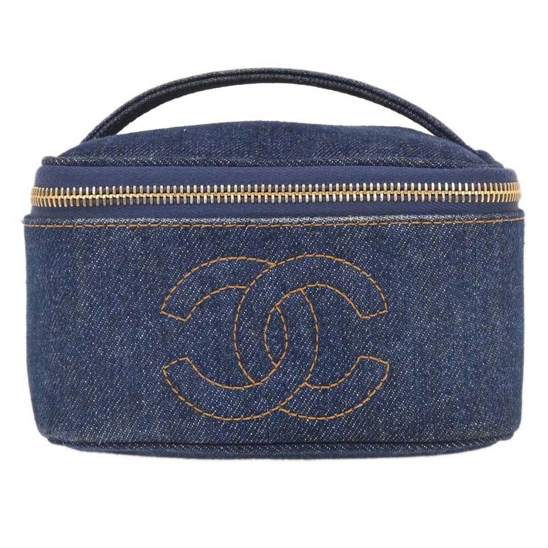 CHANEL BLUE DENIM VANITY HANDBAG: Chanel Blue Denim Vanity Handbag Brand: CHANEL Type/Style: CHANEL Vanity Material: Denim Color: Blue Size: W 6.3 x H 3.5 x D 6.3 " Handle Drop. 1.2 " Accessories: None Accessories Notice: