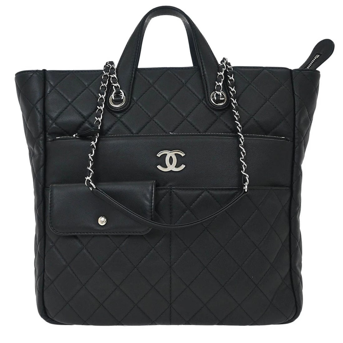 CHANEL BLACK LAMBSKIN ULTRA POCKET SHOPPING TOTE 2WAY HANDBAG: Chanel Black Lambskin Ultra Pocket Shopping Tote 2way Handbag Brand: CHANEL Type/Style: Top Handle Bag Material: Lambskin Color: Black Size: W 12.6 x H 12.6 x D 3.5 " Handle Drop. 3.5 " Accessori