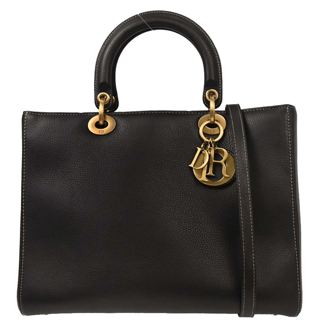 CHRISTIAN DIOR BLACK CALFSKIN LADY DIOR 2WAY HANDBAG: Christian Dior Black Calfskin Lady Dior 2way Handbag Brand: Dior Type/Style: Satchel/Top Handle Bag Material: Calfskin Color: Black Size: W 12.6 x H 9.8 x D 5.1 " Handle Drop. 3.9 " Accessories: