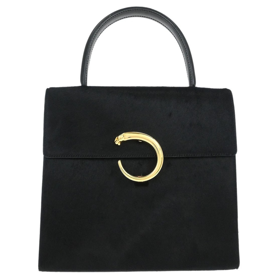 CARTIER BLACK PONY HAIR PANTHERE HANDBAG: Cartier Black Pony Hair Panthere Handbag Brand: Cartier Type/Style: Top Handle Bag Material: Pony Hair Color: Black Size: W 8.7 x H 8.3 x D 2.4 " Handle Drop. 3.9 " Accessories: None Acces