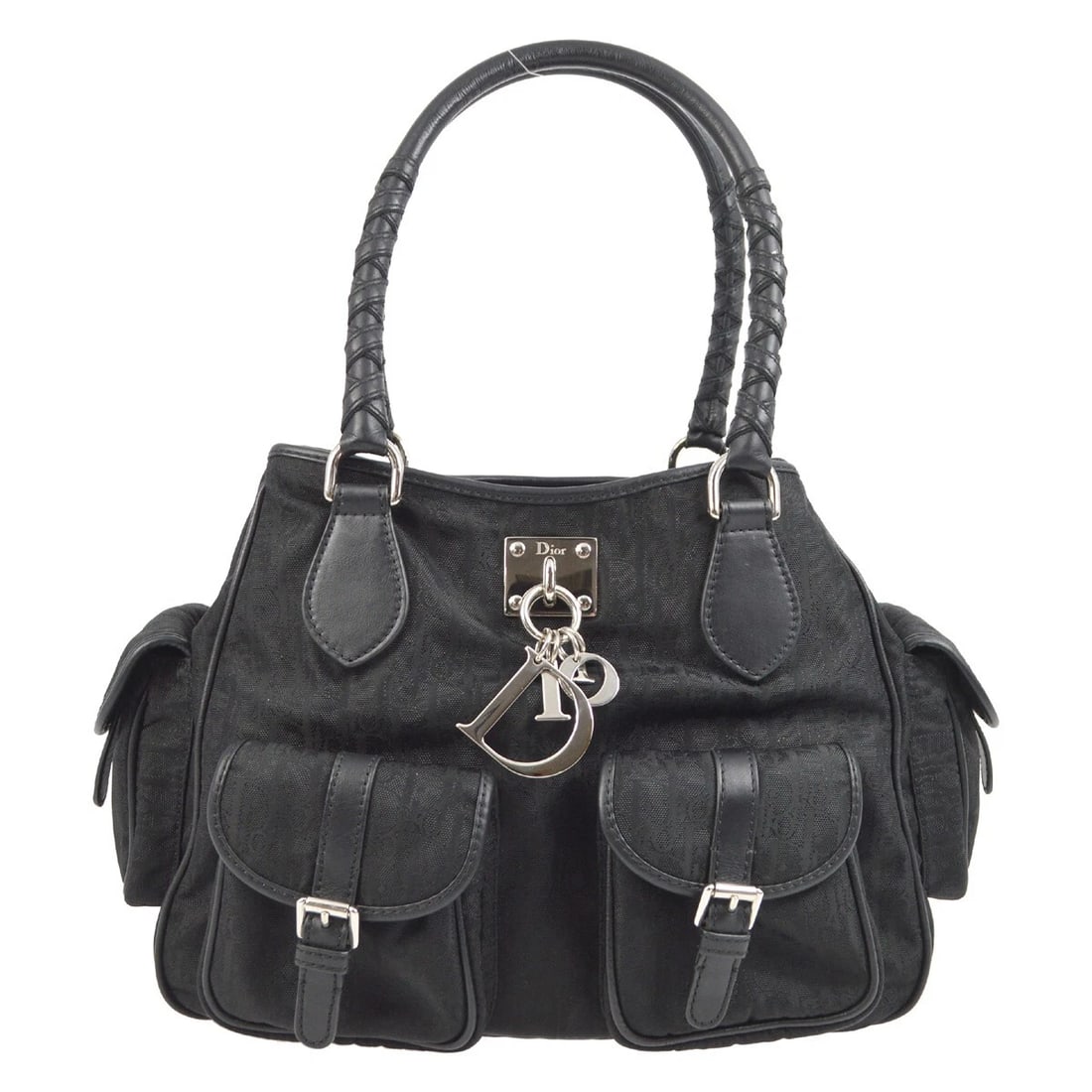 CHRISTIAN DIOR BLACK LOVELY TROTTER TOTE HANDBAG: Christian Dior Black Lovely Trotter Tote Handbag Brand: Dior Type/Style: Tote Material: Canvas, Leather Color: Black Size: W 11.8 x H 9.1 x D 5.9 " Handle Drop. 6.7 " Accessories: None Acc