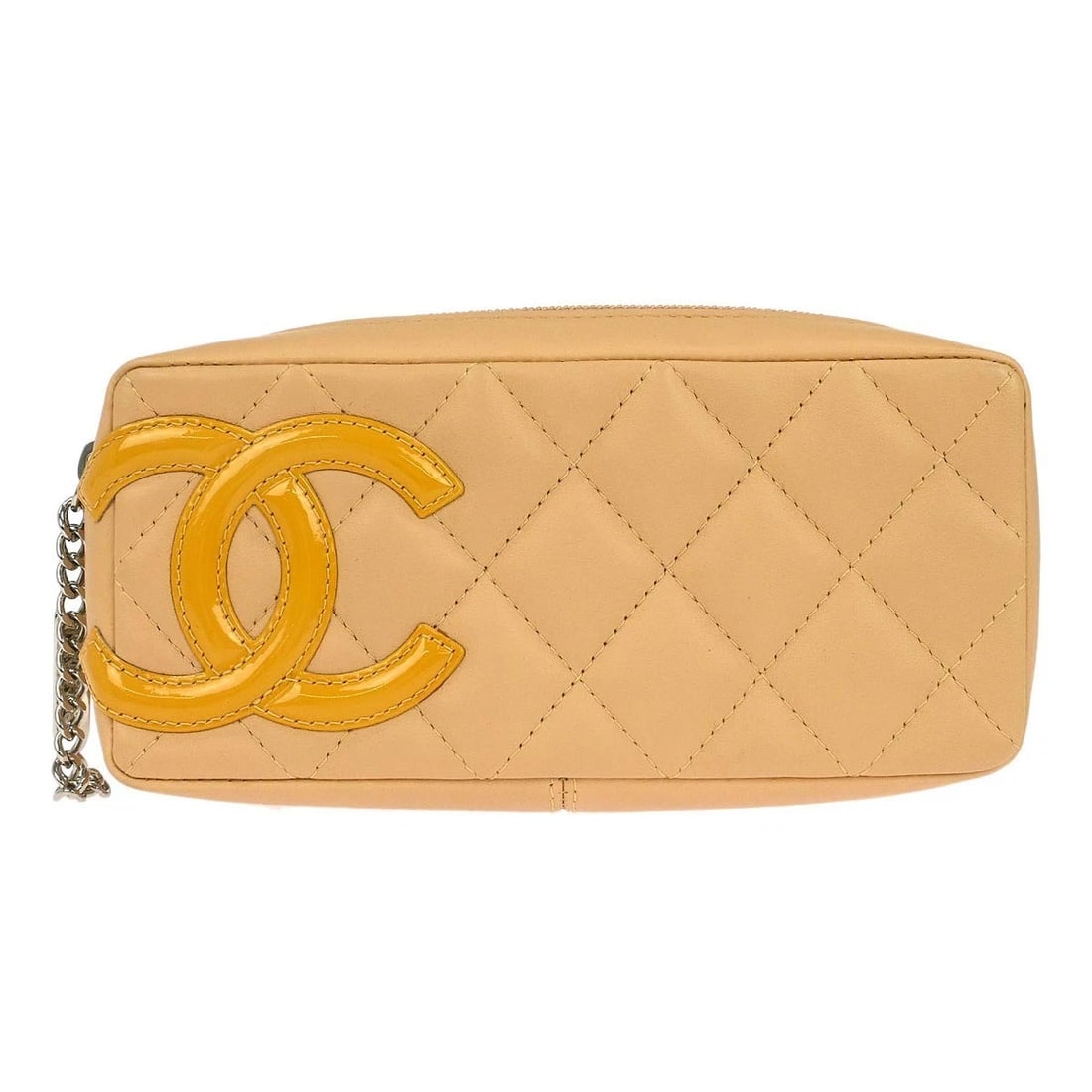 CHANEL BEIGE CALFSKIN CAMBON LIGNE POUCH BAG: Chanel Beige Calfskin Cambon Ligne Pouch Bag Brand: CHANEL Type/Style: Clutch Bag Pouch Material: Calfskin, Patent Leather Color: Beige Size: W 6.3 x H 2.8 x D 1.6 " Accessories: None